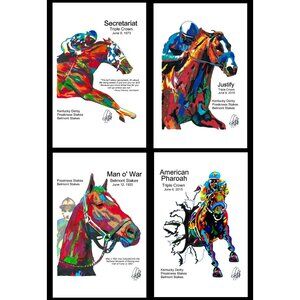 4 Horse Racing Prints Secretariat Justify Man o War American Pharoah 11x17